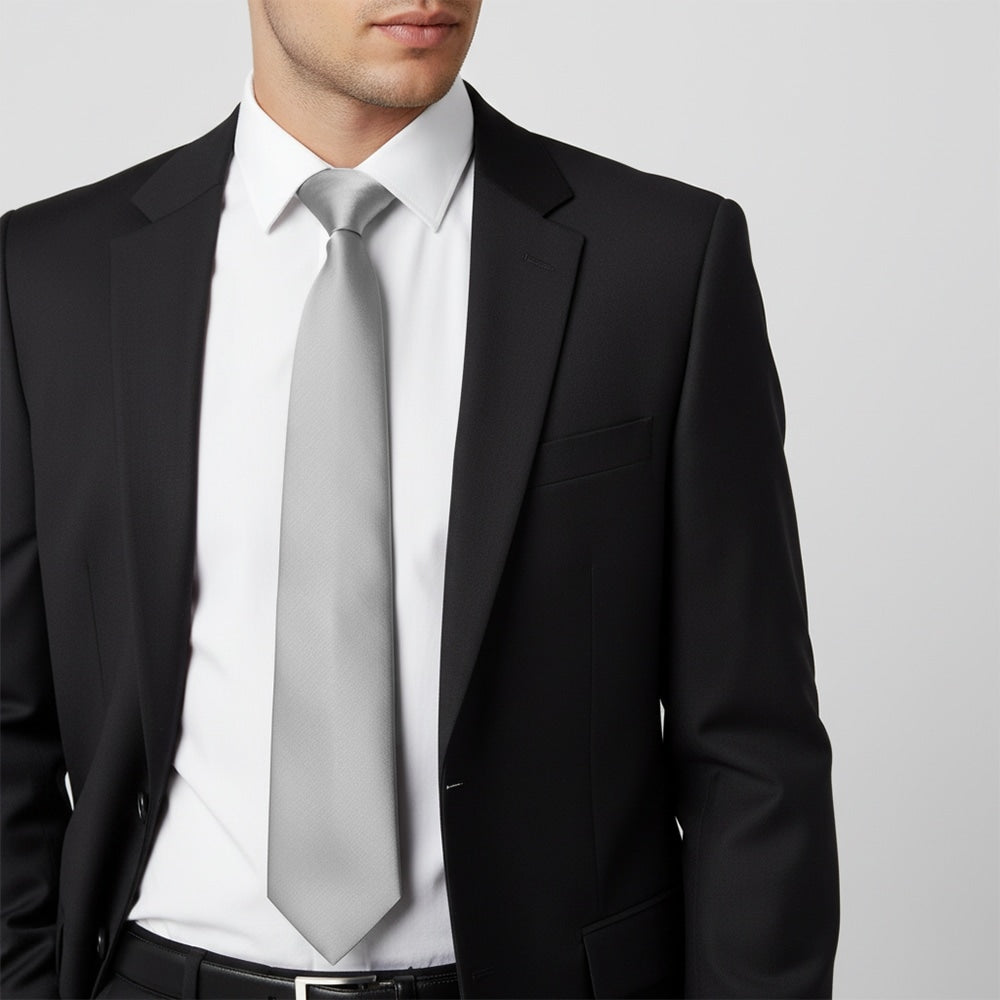 Plain Silver Satin Classic Mens Tie 2
