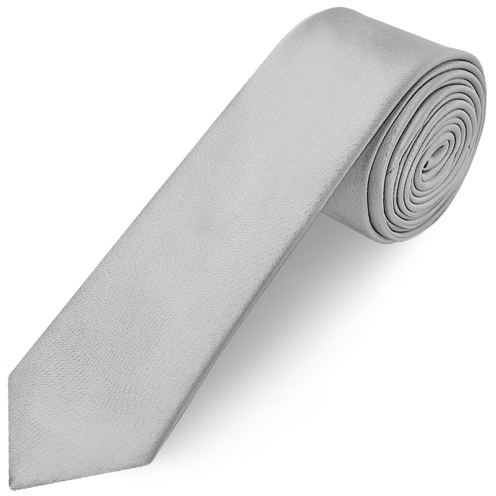 Plain Silver Satin Skinny Mens Tie 1