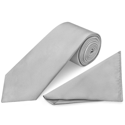 Plain Silver Satin Classic Mens Tie And Pocket Square Set 1