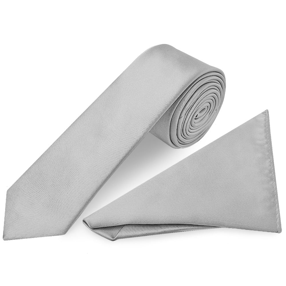 Plain Silver Satin Skinny Mens Tie And Pocket Square Set 1