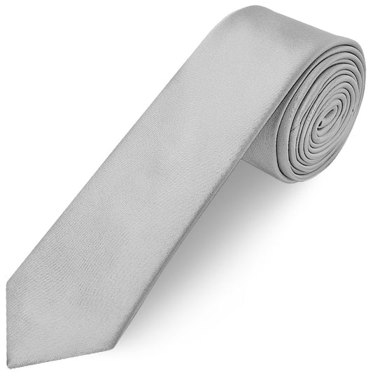 Plain Silver Satin Skinny Mens Tie And Pocket Square Set 2