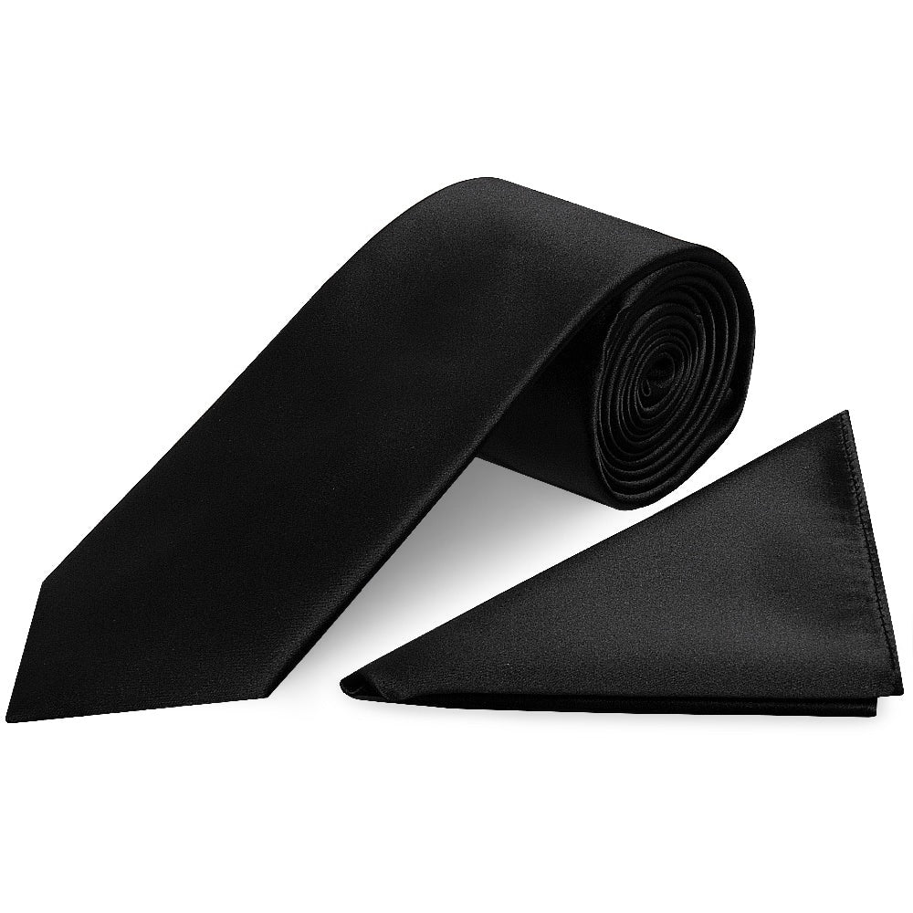 Plain Black Satin Classic Mens Tie And Pocket Square Set 1