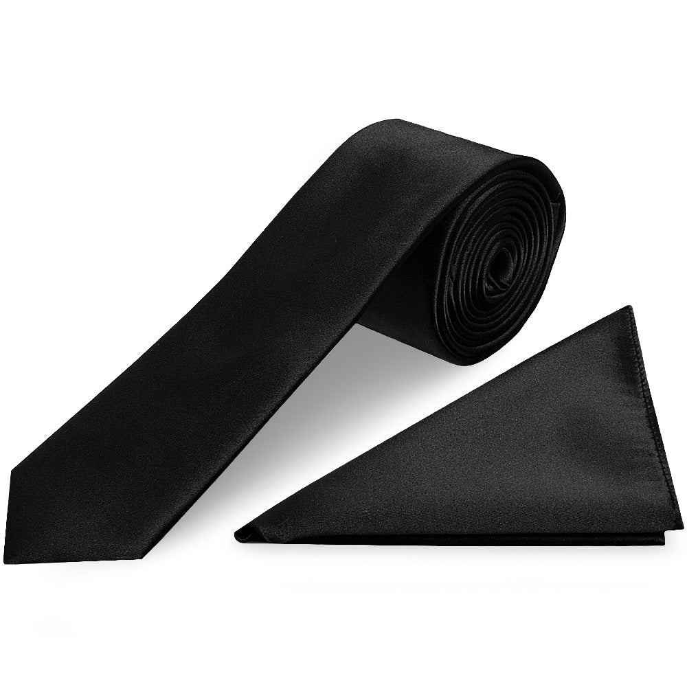Plain Black Satin Skinny Boys Tie And Pocket Square Set 1