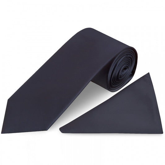 Plain Navy Blue Satin Classic Mens Tie And Pocket Square Set 1
