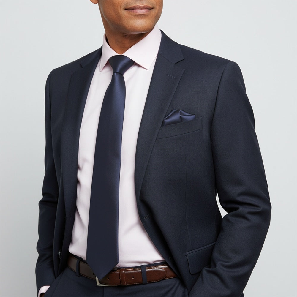 Plain Navy Blue Satin Classic Mens Tie And Pocket Square Set 2