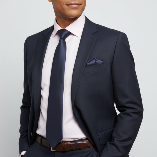 Plain Navy Blue Satin Classic Mens Tie And Pocket Square Set 2
