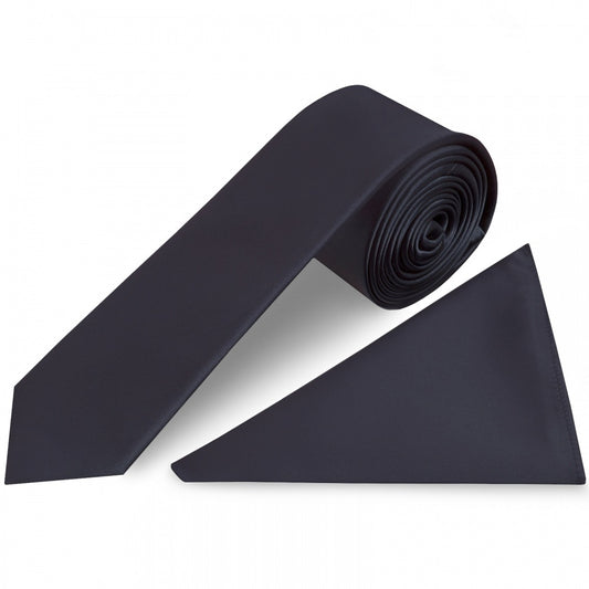 Plain Navy Blue Satin Skinny Mens Tie And Pocket Square Set 1