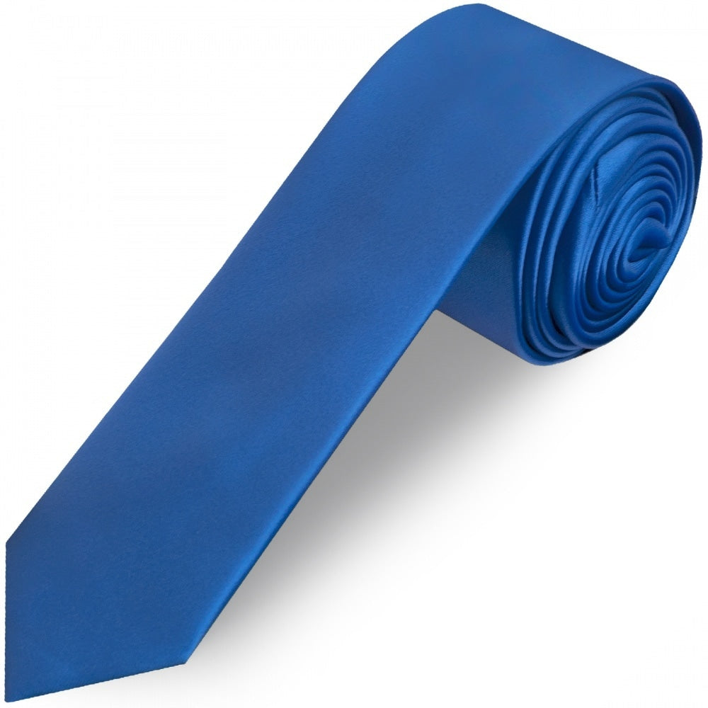 Plain Electric Blue Satin Skinny Mens Tie 1