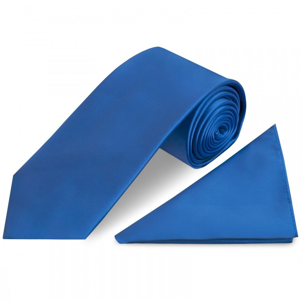 Plain Electric Blue Satin Classic Mens Tie And Pocket Square Set 1