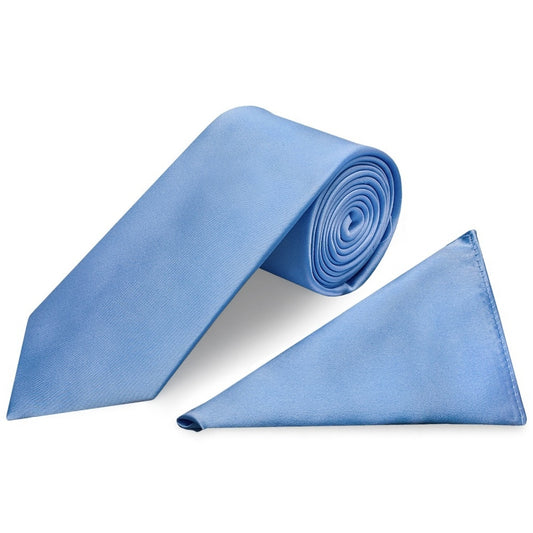 Plain Steel Blue Satin Classic Mens Tie And Pocket Square Set 1