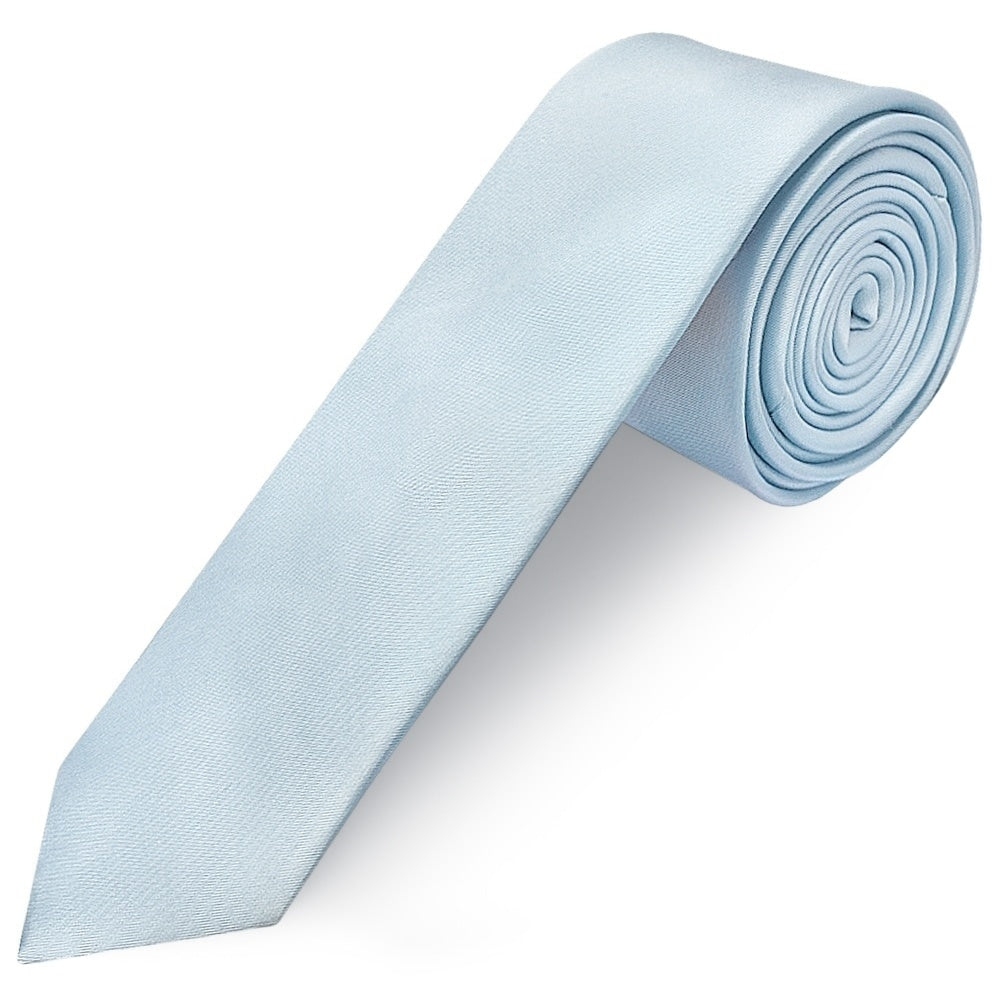 Plain Misty Blue Satin Skinny Mens Tie 1