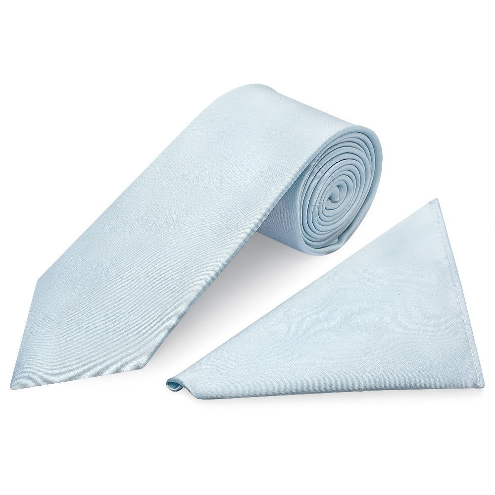 Plain Misty Blue Satin Classic Mens Tie And Pocket Square Set 1
