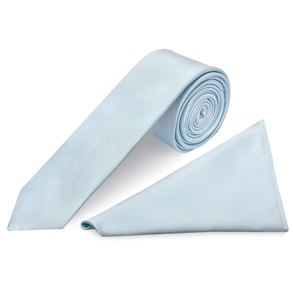 Plain Misty Blue Satin Skinny Mens Tie And Pocket Square Set 1