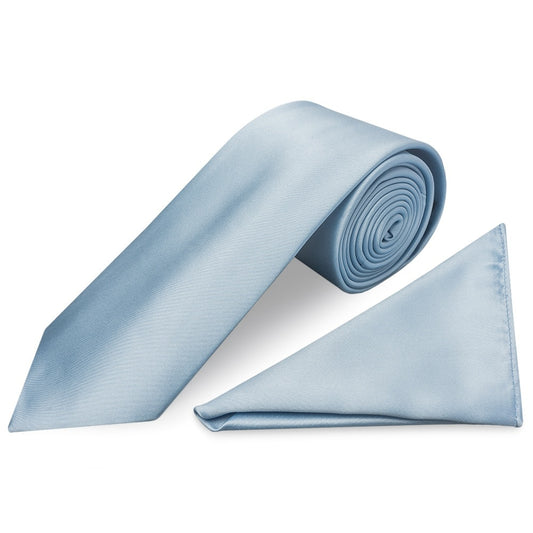 Plain Light Blue Satin Classic Mens Tie Pocket Square Set 1