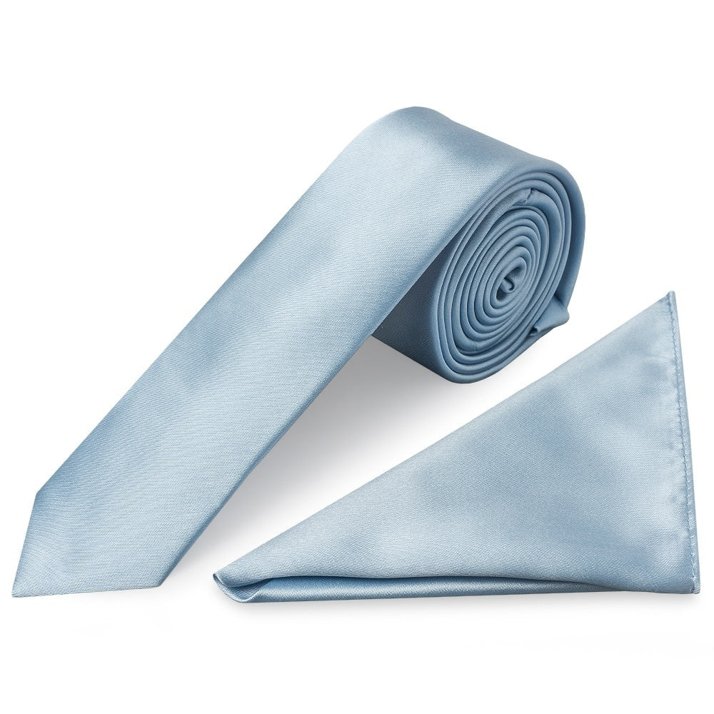 Plain Light Blue Skinny Mens Tie And Pocket Square Set 1