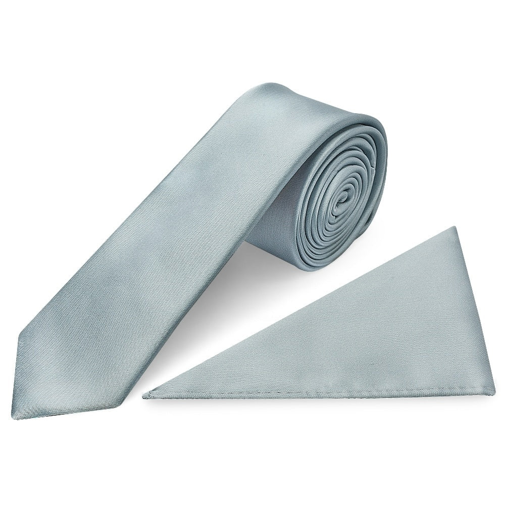 Plain Duck Egg Satin Skinny Mens Tie And Pocket Square Set 1