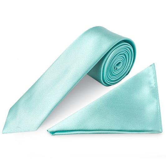 Aqua Satin Skinny Mens Tie And Pocket Square Set 1