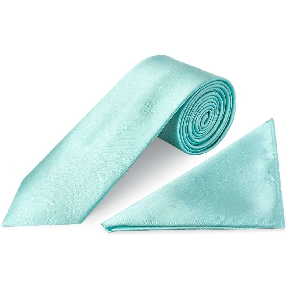 Plain Aqua Satin Classic Mens Tie And Pocket Square Set 1