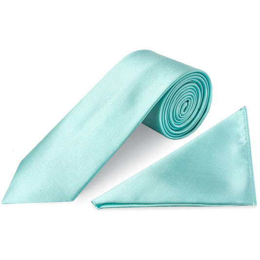 Plain Aqua Satin Classic Mens Tie And Pocket Square Set 1