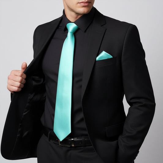 Plain Aqua Satin Classic Mens Tie And Pocket Square Set 2