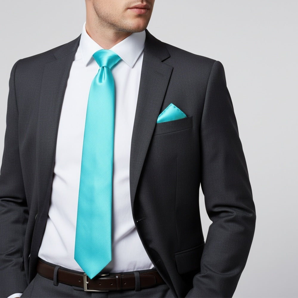 Tiffany Blue Satin Classic Mens Tie Pocket Square Set 2