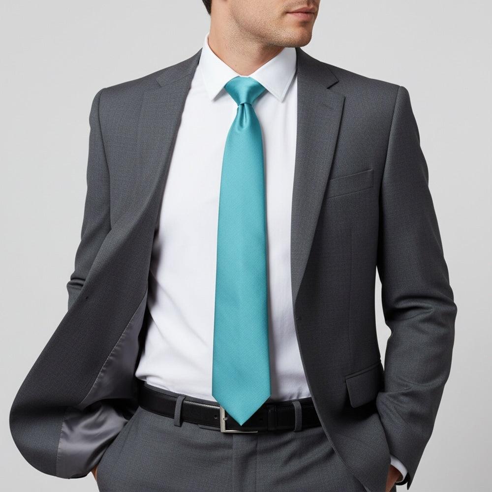 Plain Turquoise Satin Classic Mens Tie 2