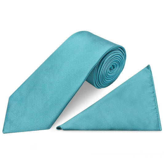 Plain Turquoise Satin Classic Mens Tie And Pocket Square Set 1