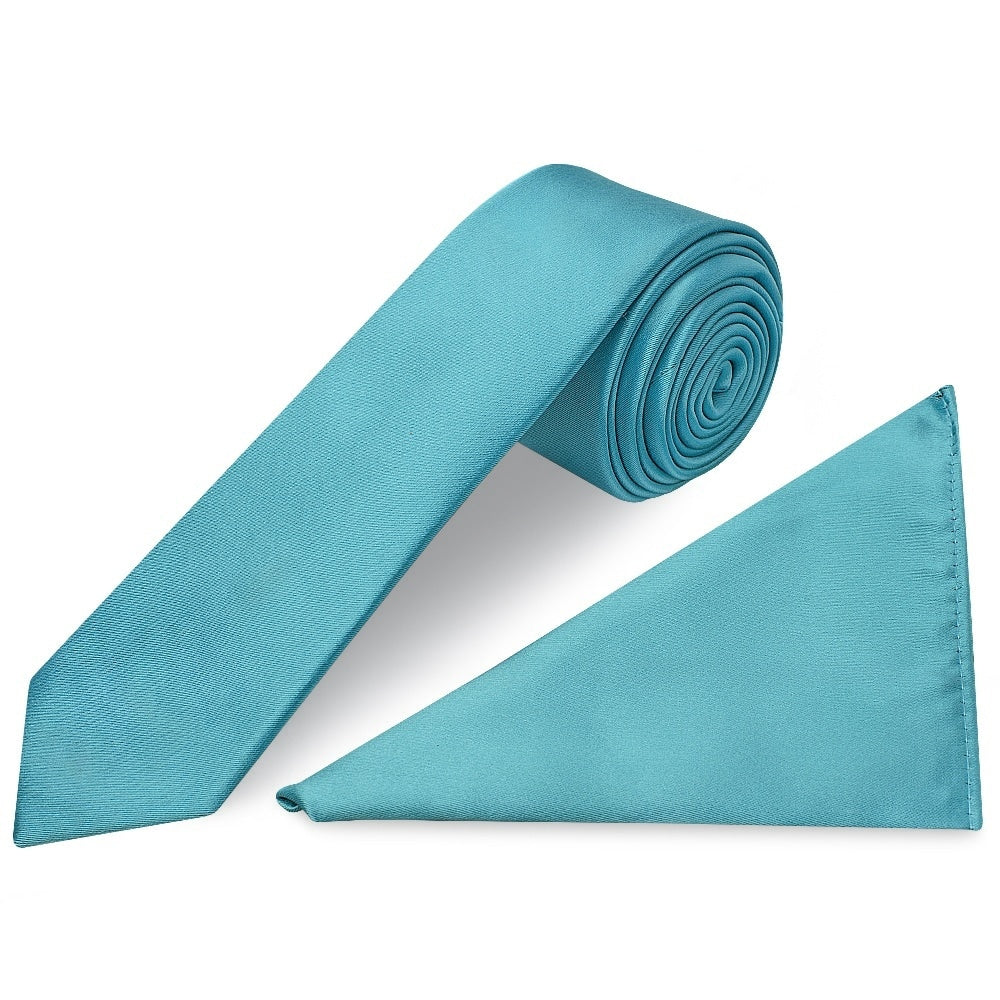 Plain Turquoise Satin Skinny Mens Tie And Pocket Square Set 1
