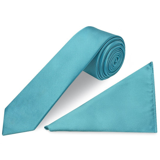 Plain Turquoise Satin Skinny Mens Tie And Pocket Square Set 1