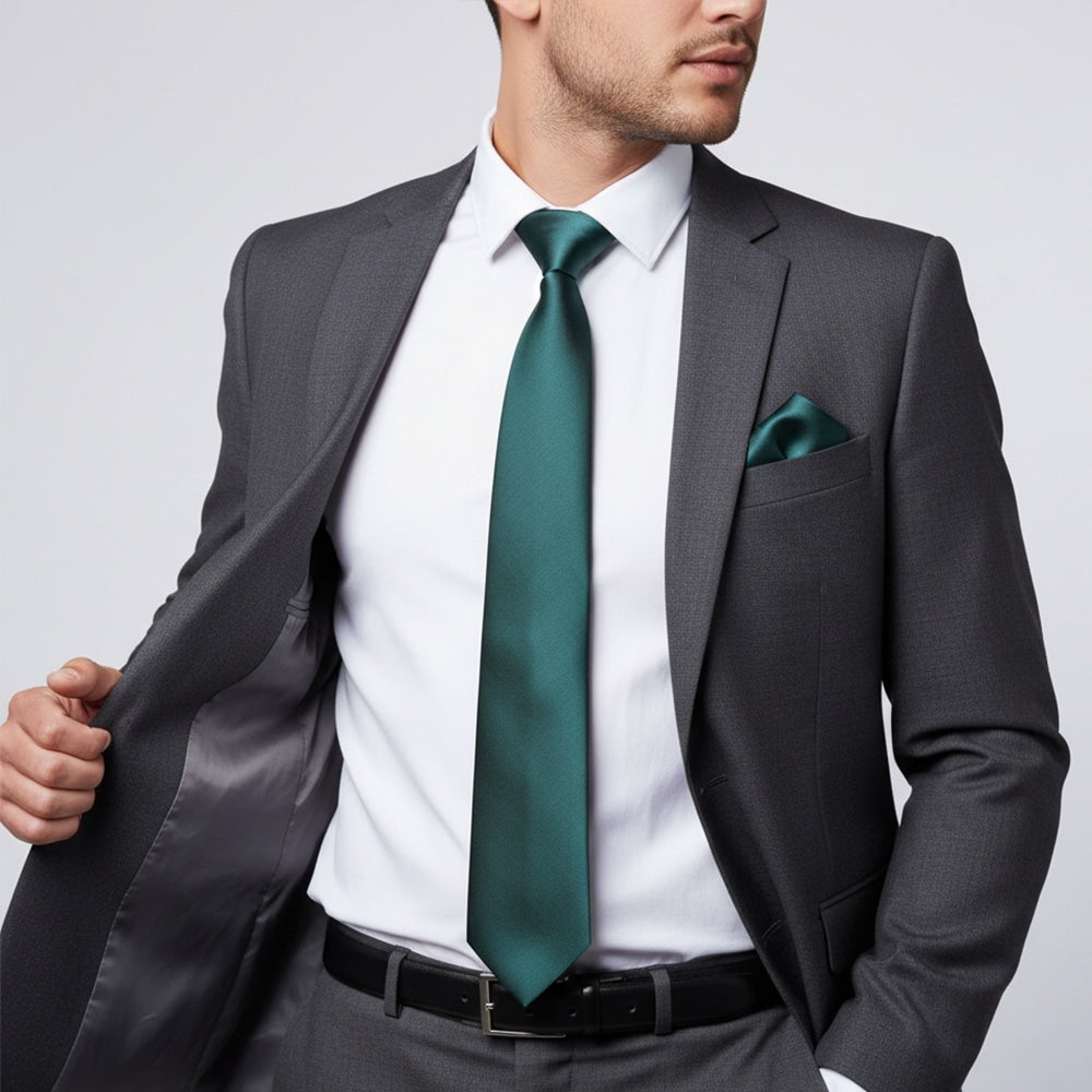 Plain Dark Teal Satin Classic Mens Tie And Pocket Square Set 2