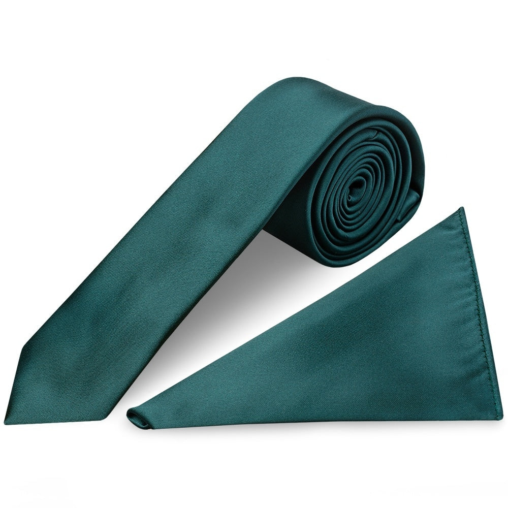 Plain Dark Teal Satin Skinny Mens Tie And Pocket Square Set 1