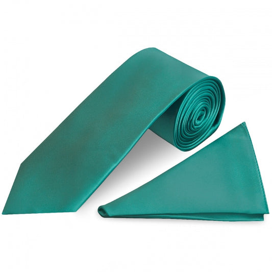 Plain Teal Green Satin Classic Mens Tie Pocket Square Set 1