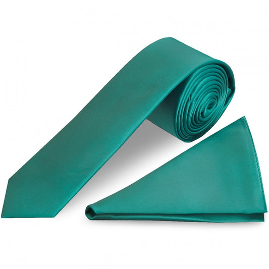 Plain Teal Satin Skinny Boys Tie And Pocket Square Set 1