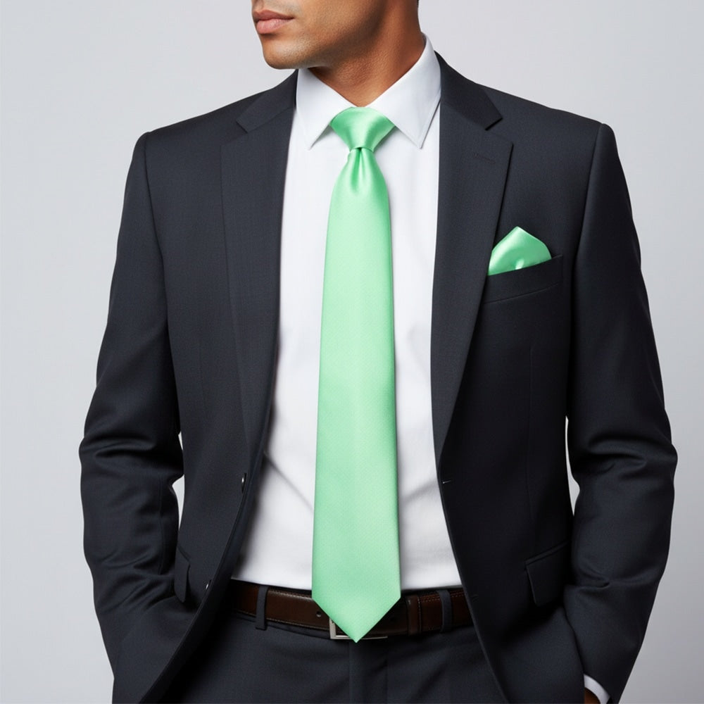Plain Seafoam Green Satin Classic Mens Tie And Pocket Square Set 2