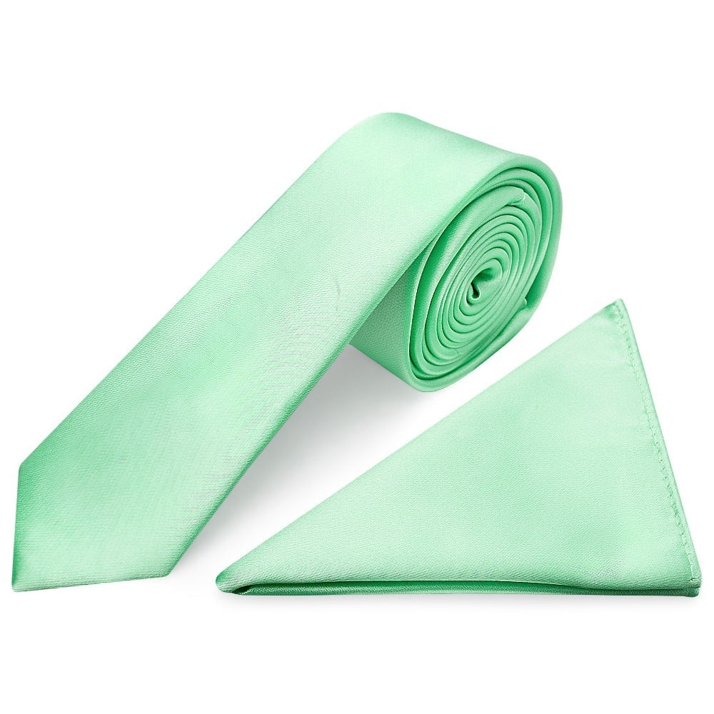 Plain Seafoam Green Satin Skinny Mens Tie And Pocket Square Set 1