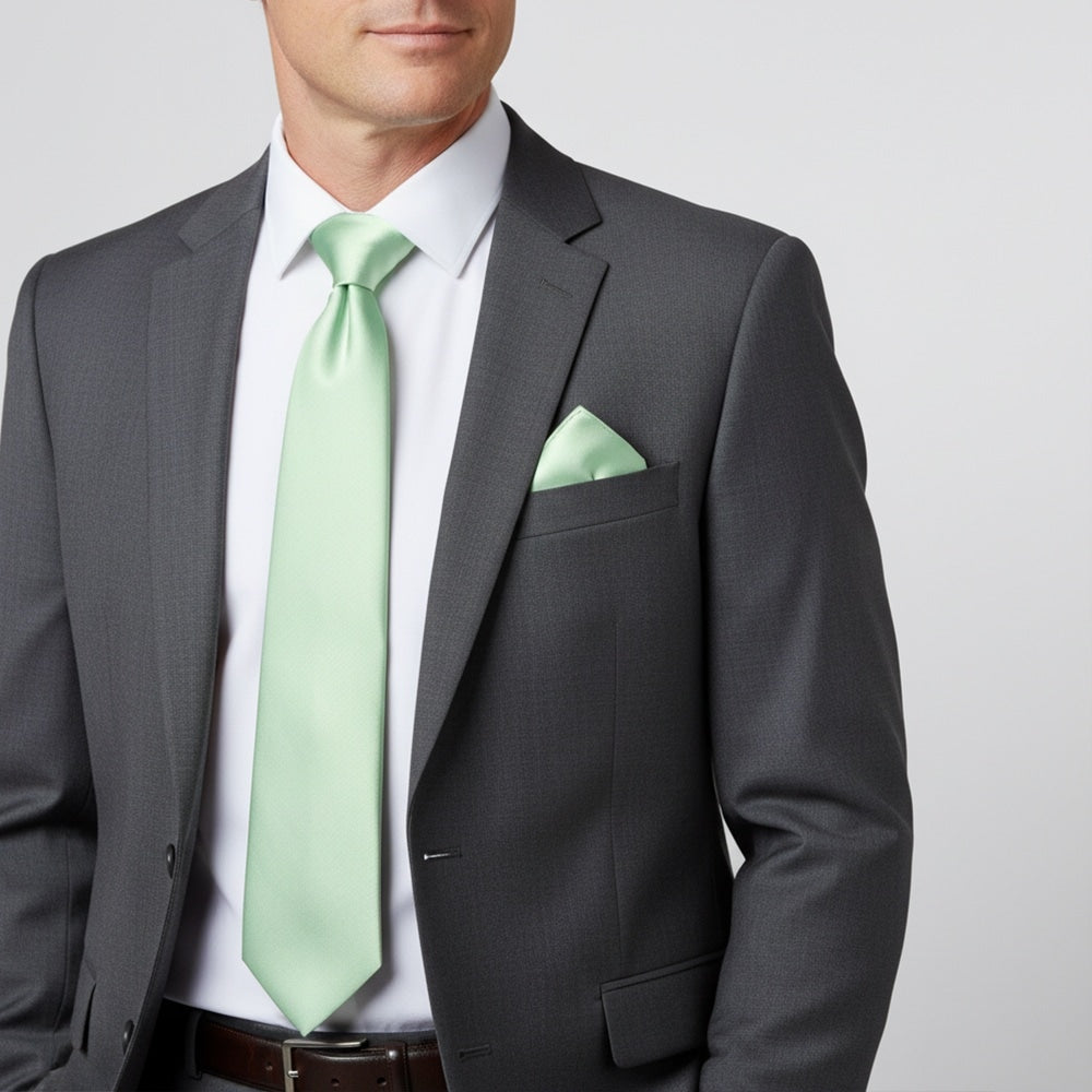 Pale Mint Satin Classic Mens Tie And Pocket Square Set 2