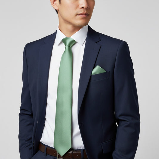 Plain Seagrass Satin Classic Mens Tie And Pocket Square Set 2