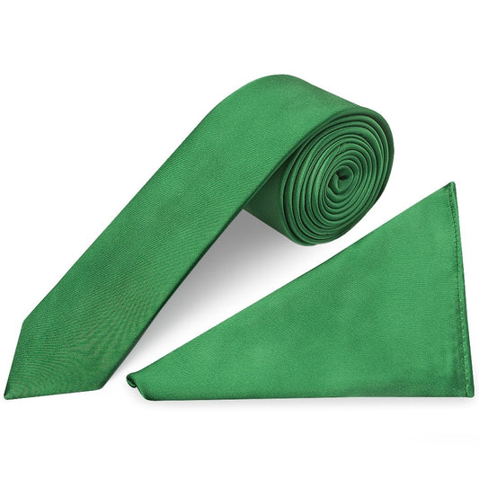 Plain Emerald Green Satin Skinny Mens Tie And Pocket Square Set 1