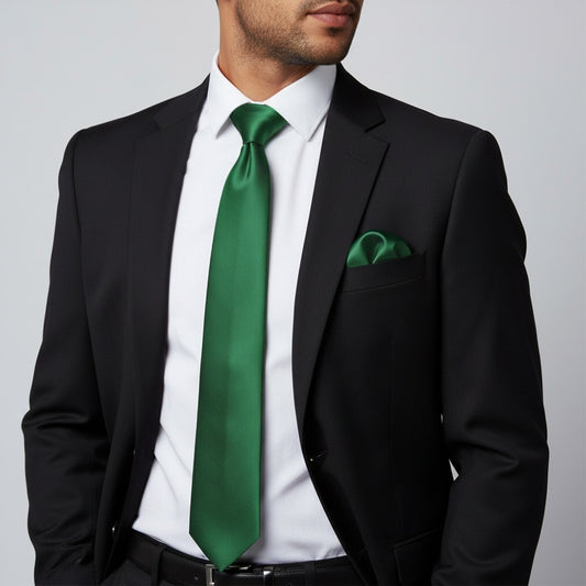 Plain Forest Green Satin Classic Mens Tie And Pocket Square Set 2