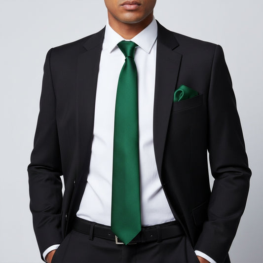 Plain Bottle Green Satin Classic Mens Tie And Pocket Square Set 2