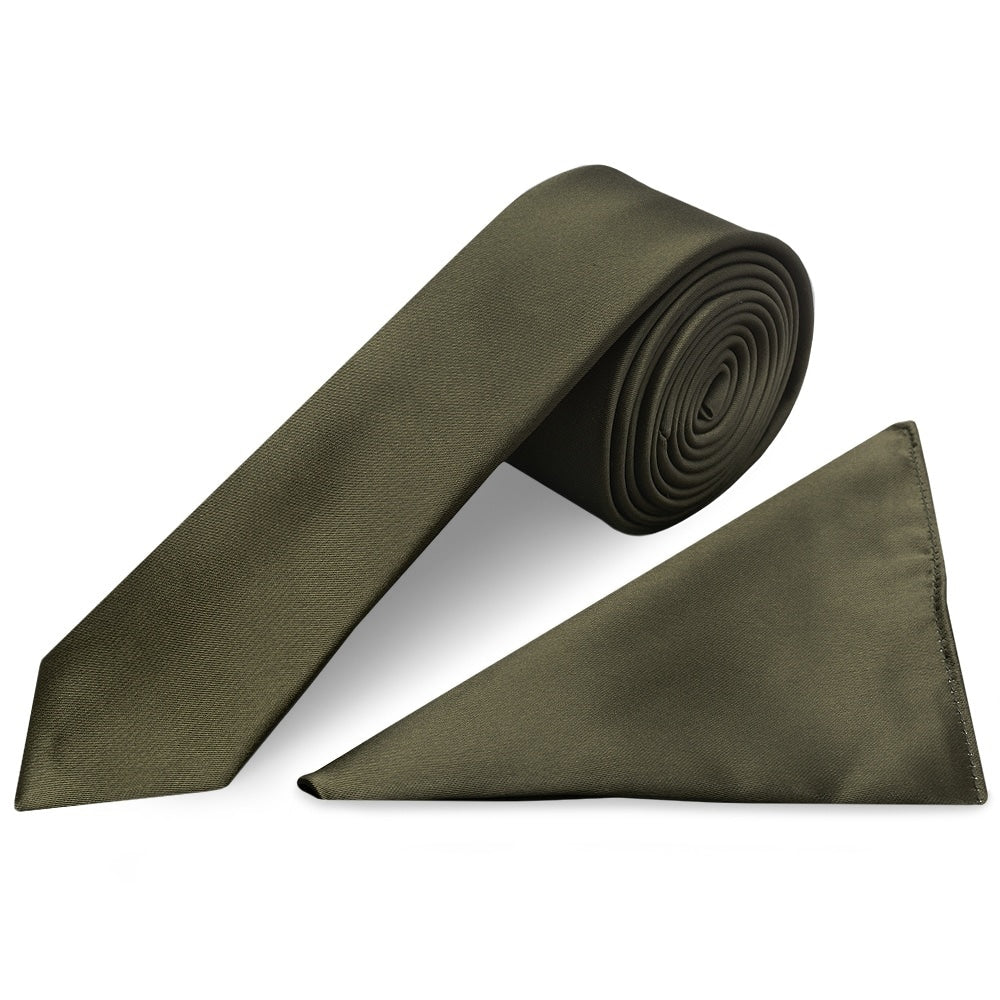 Plain Leaf Green Satin Skinny Mens Tie And Pocket Square Set 1