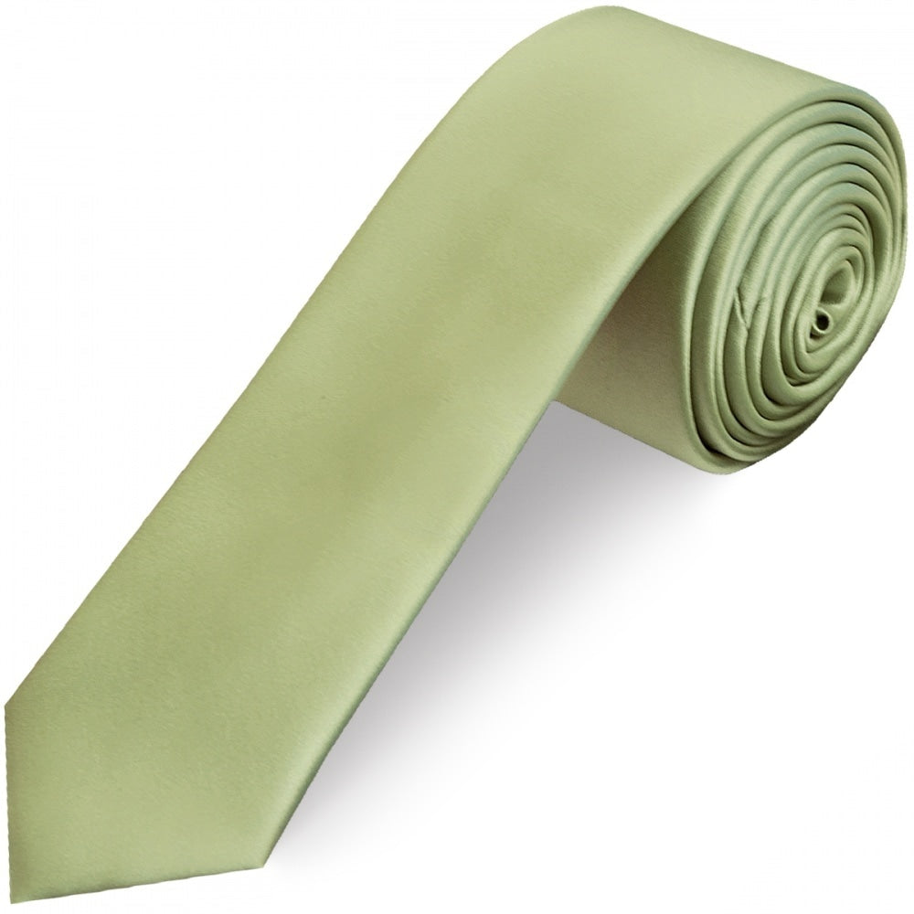 Plain Sage Green Satin Skinny Mens Tie 1