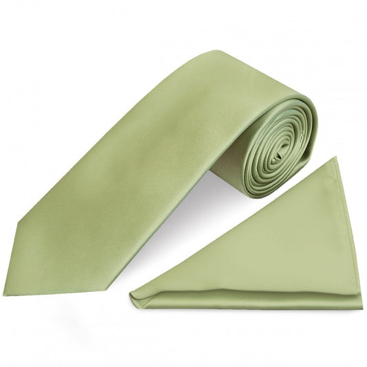 Plain Sage Green Satin Classic Mens Tie And Pocket Square Set 1