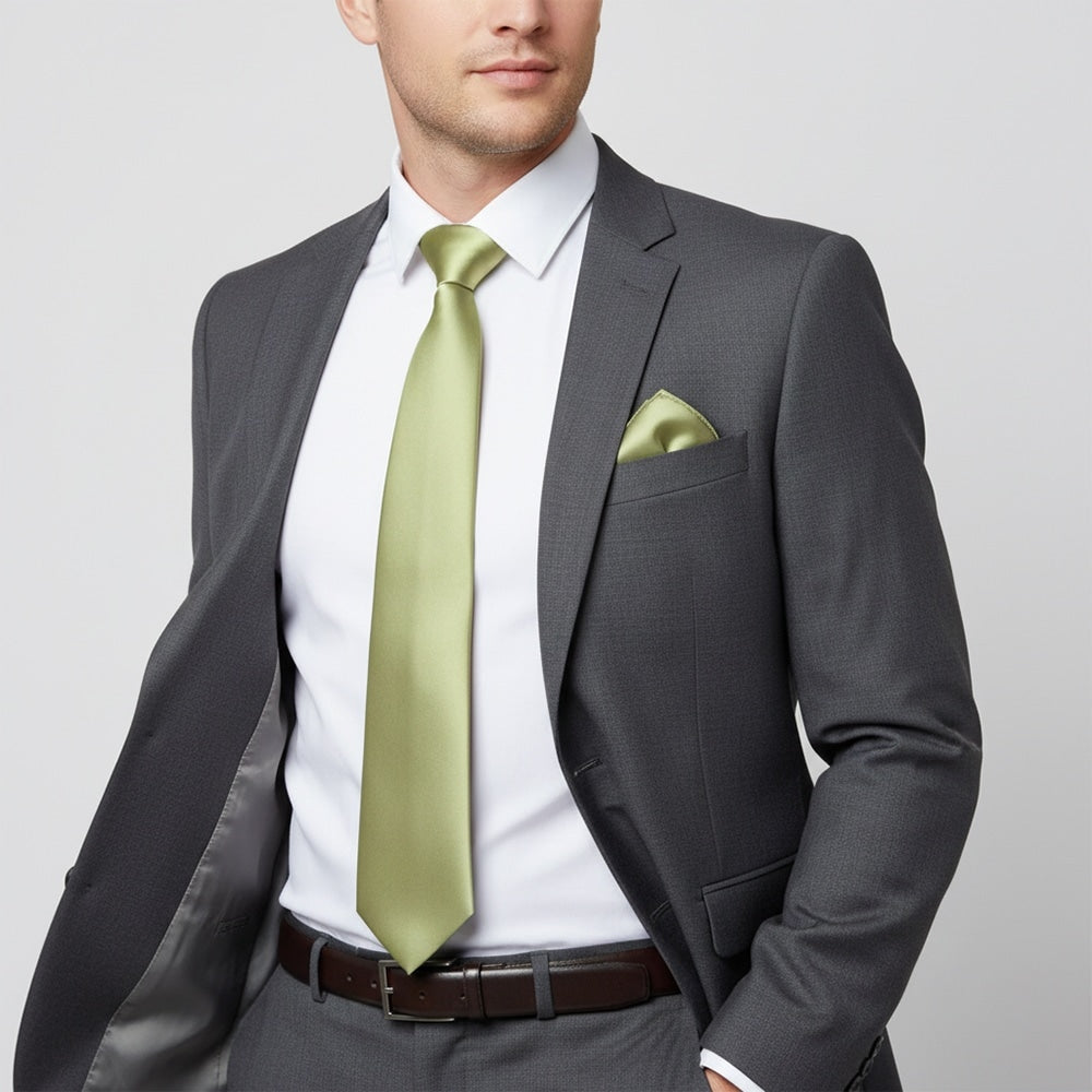 Plain Sage Green Satin Classic Mens Tie And Pocket Square Set 2