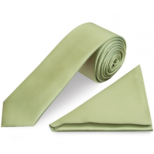 Plain Sage Green Satin Skinny Mens Tie And Pocket Square Set 1