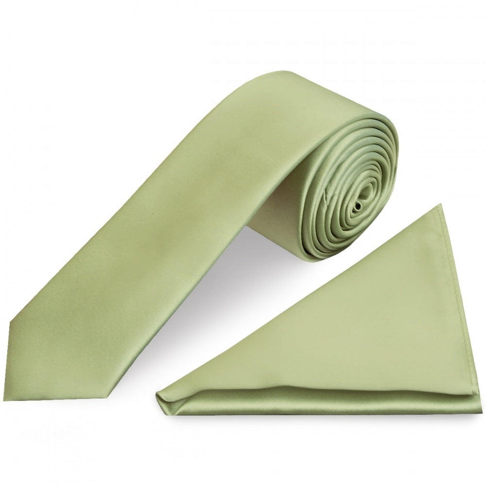 Plain Sage Green Satin Skinny Boys Tie And Pocket Square Set 1