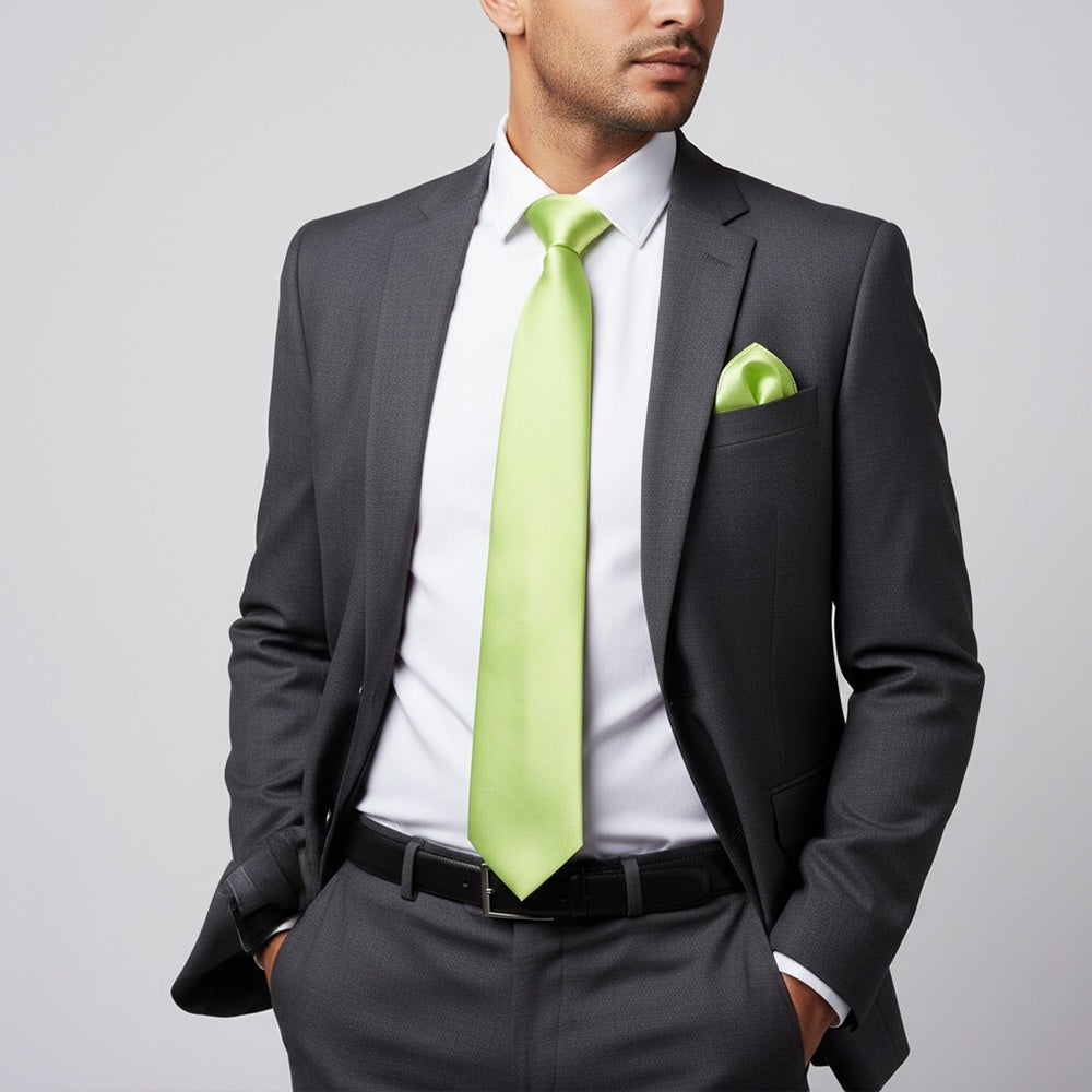 Plain Avocado Satin Classic Mens Tie And Pocket Square Set 2
