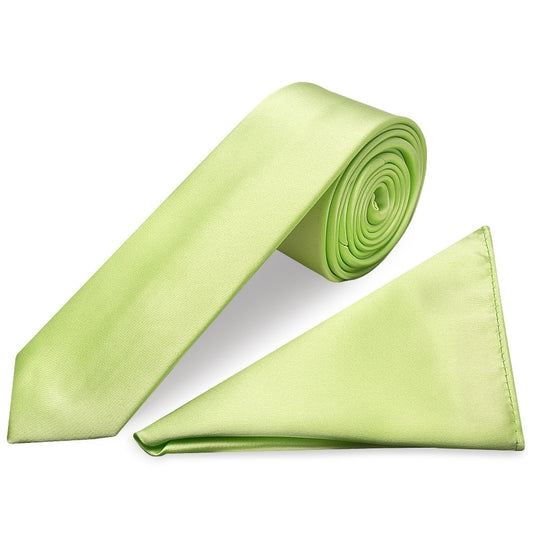 Plain Avocado Green Satin Skinny Mens Tie And Pocket Square Set 1
