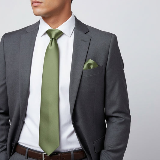 Plain Olive Green Satin Classic Mens Tie And Pocket Square Set 2