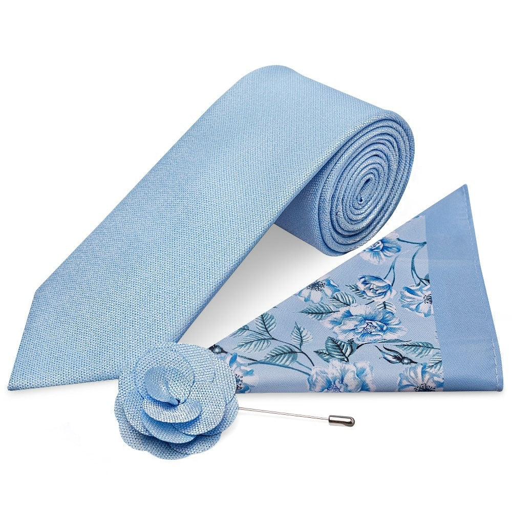 Classic Dusty Blue Mens Tie With Pocket Square And Lapel Pin Set 1
